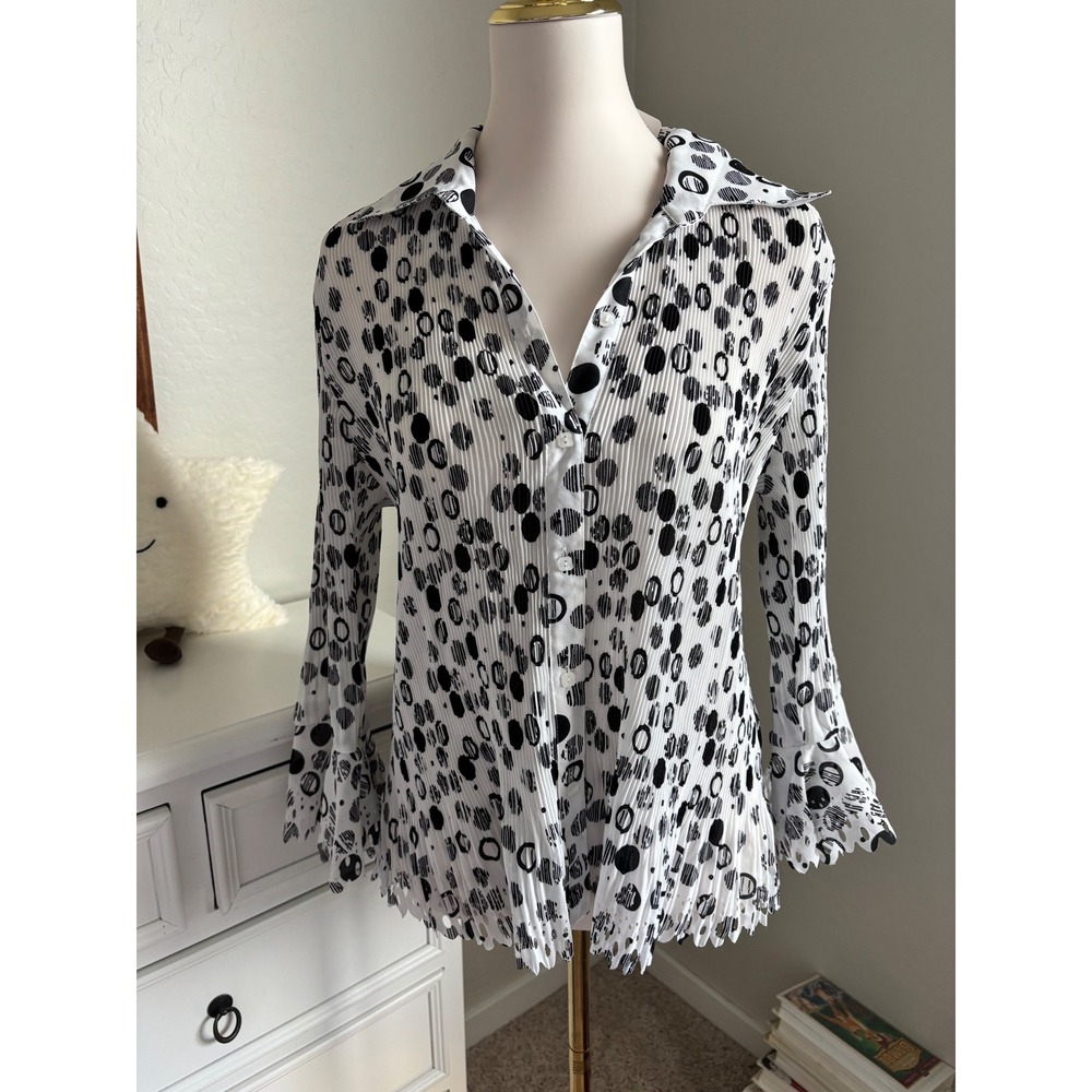 Pleated Polka Dot Blouse Black White Accordion Bell Sleeve Scalloped Top Large